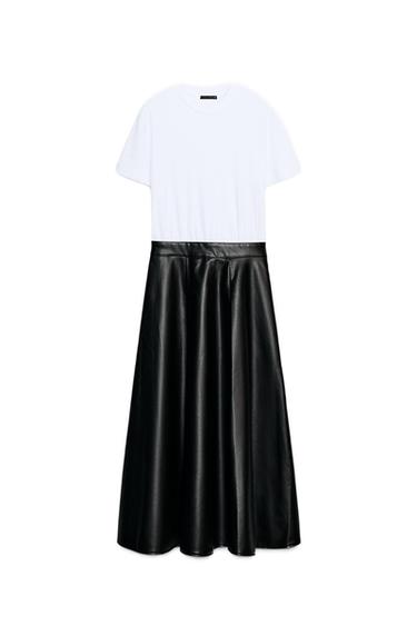 CONTRAST MIDI DRESS WITH LEATHER EFFECT SKIRT - Black / White by Zara