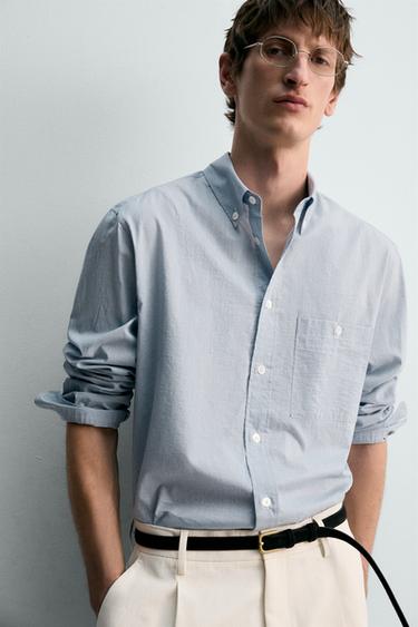 CHEMISE RELAXED FIT À RAYURES - Blanc / Bleu ciel de Zara - Image 4