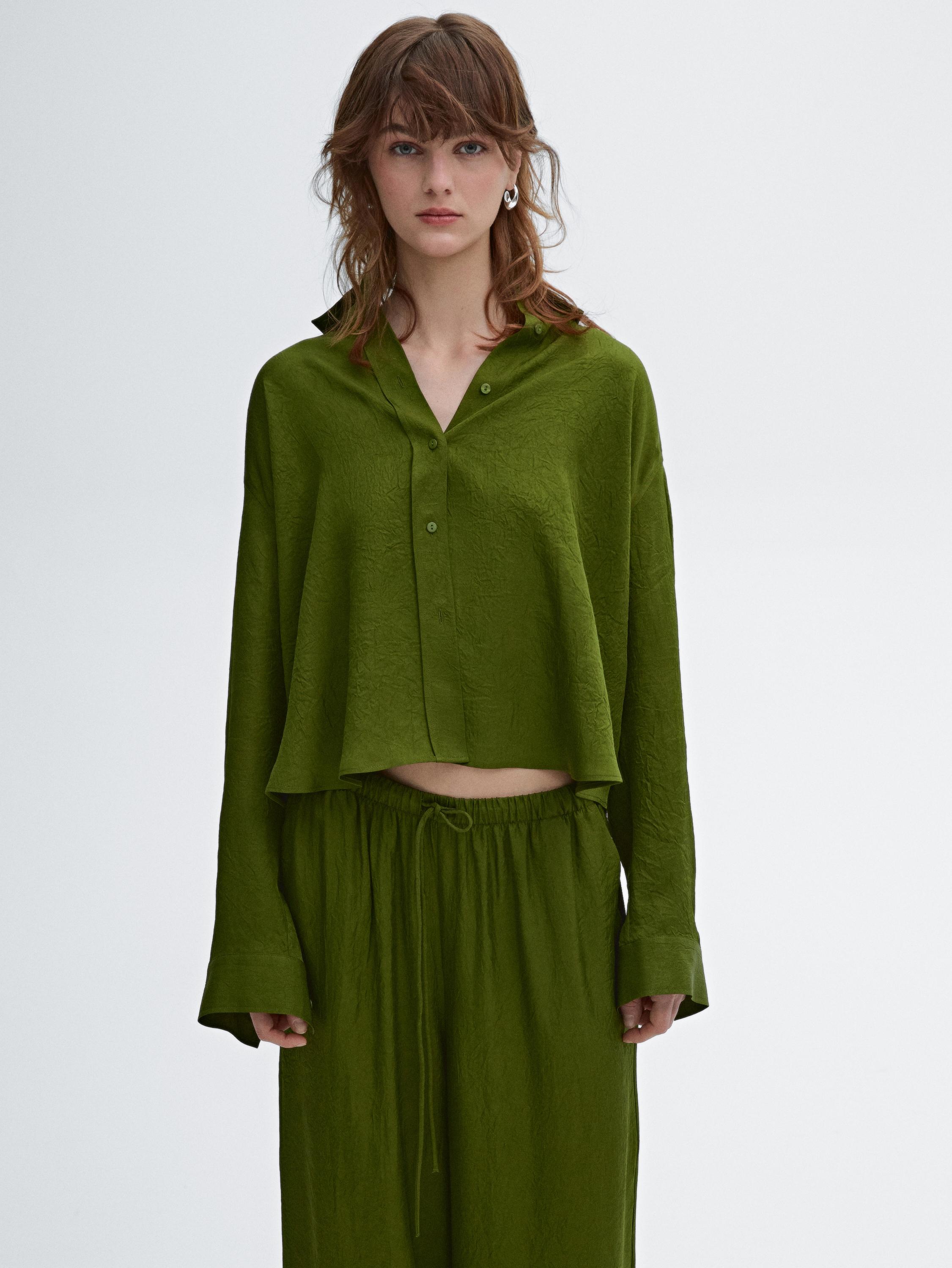 green satin blouse zara