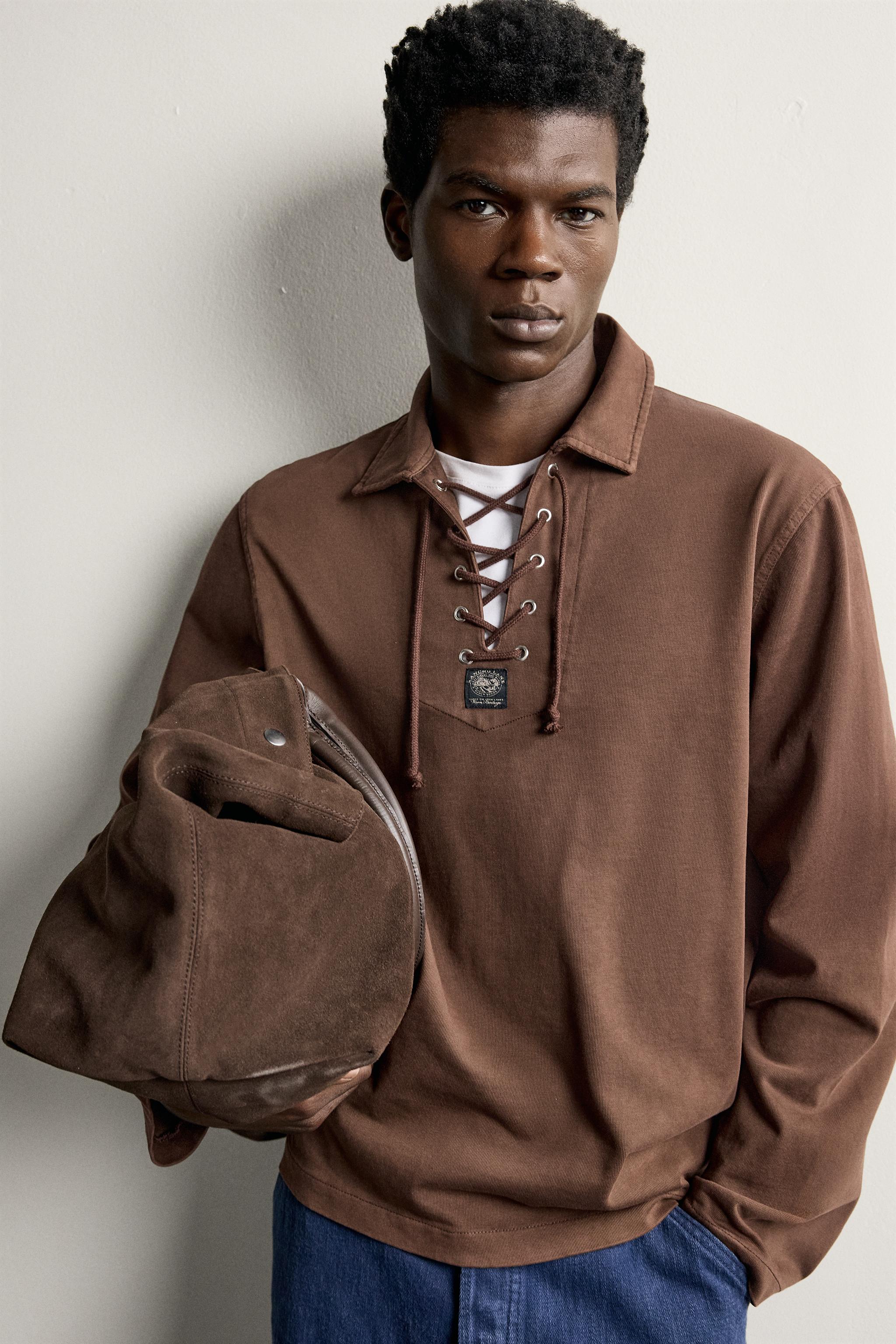 Мужские рубашки Zara WASHED DRAWSTRING POLO SHIRT — фото 6
