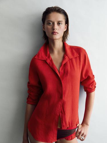 Zara 100% linen open collar shirt - Red - Image 0