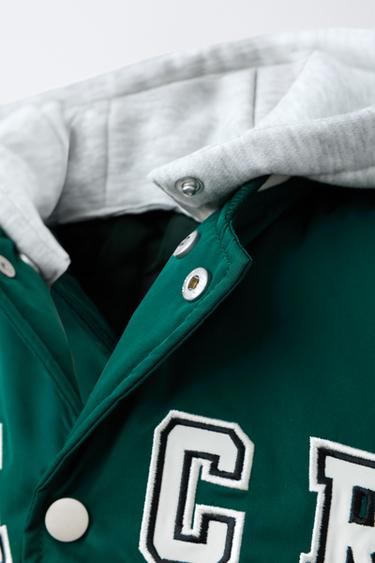 QUILTED VARSITY BOMBER JACKET WITH DETACHABLE HOOD - Green by Zara - Image 5