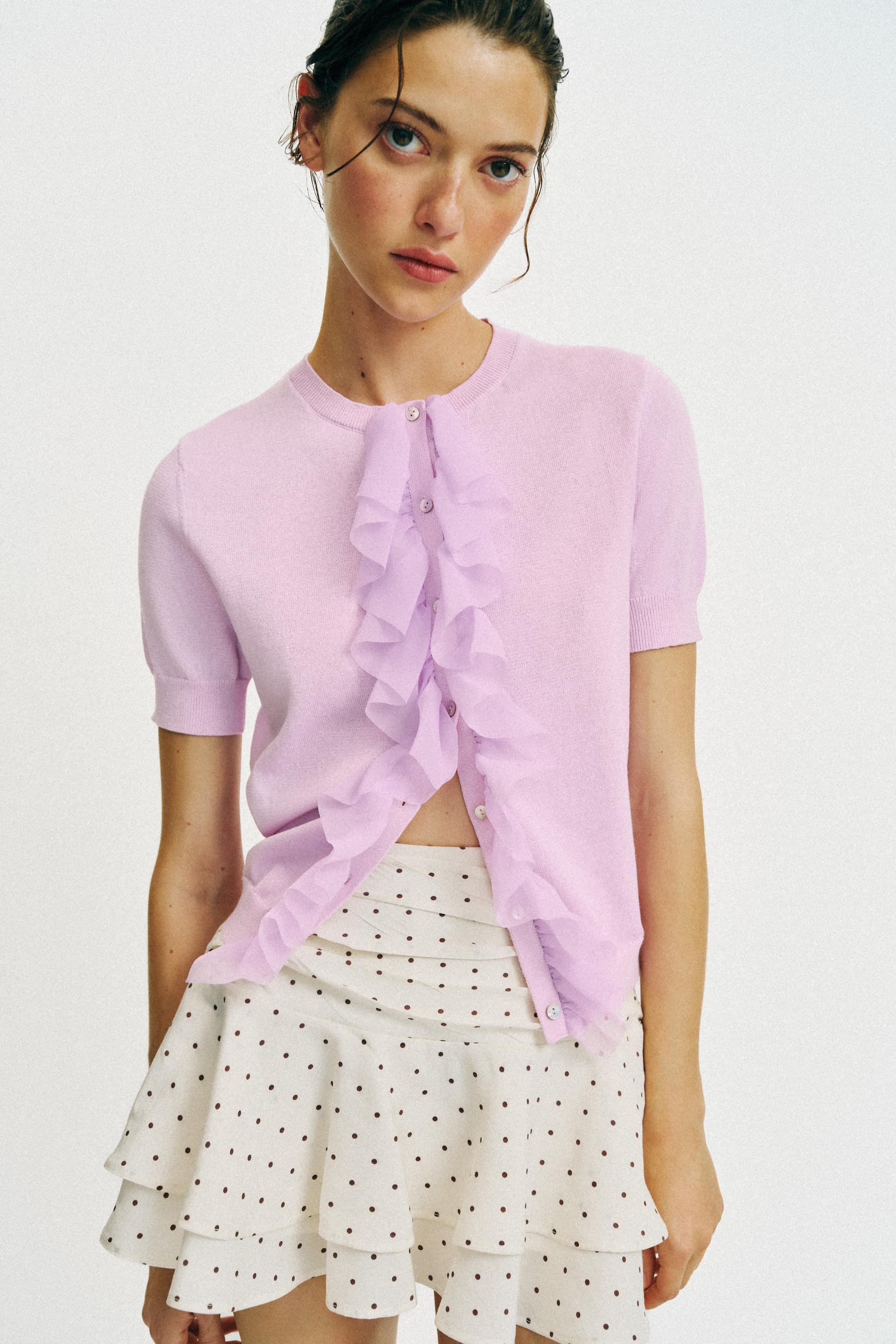 CARDIGAN WITH SHORT SLEEVES AND RUFFLES — Lilac