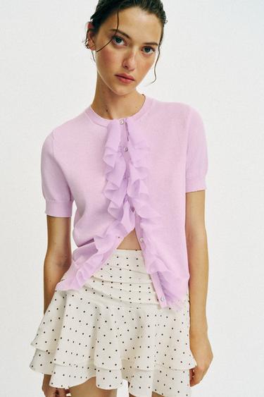 CARDIGAN WITH SHORT SLEEVES AND RUFFLES - Lilac by Zara
