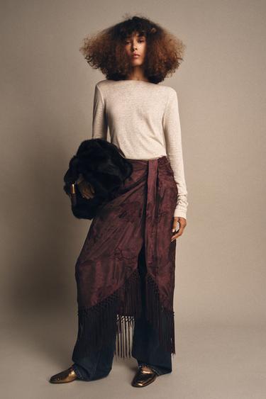 EMBROIDERED FRINGED SARONG SKIRT - Burgundy by Zara