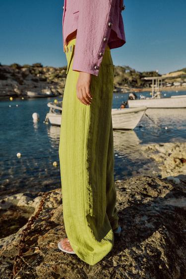 PANTALON LARGE TAILLE HAUTE À RABAT - Vert de Zara - Image 3
