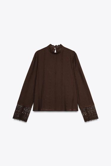 BLOUSE WITH CUTWORK EMBROIDERY - Brown by Zara - Image 0