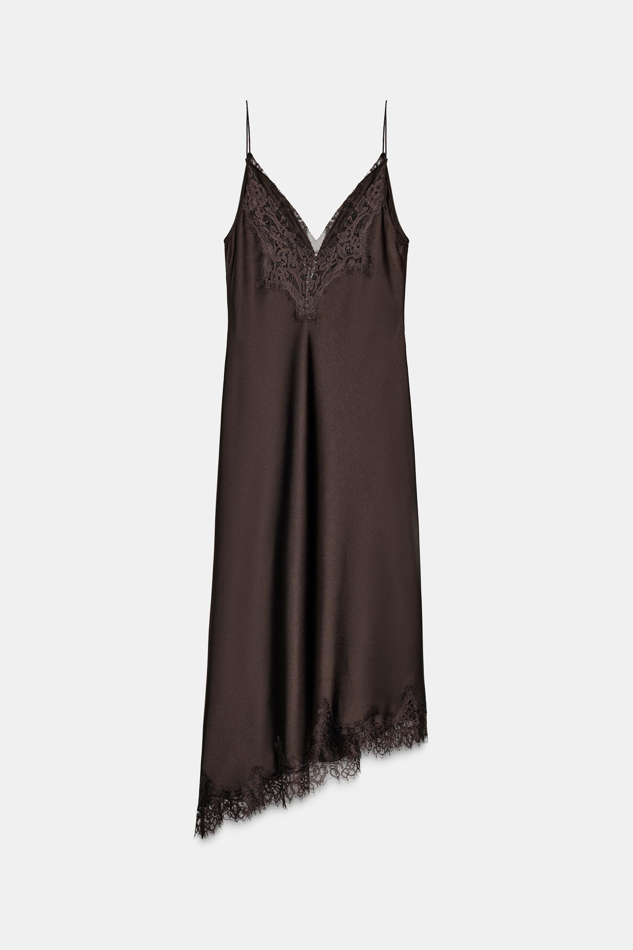 Zara - Zw Collection Satin Lace Dress - Brown - S - Woman