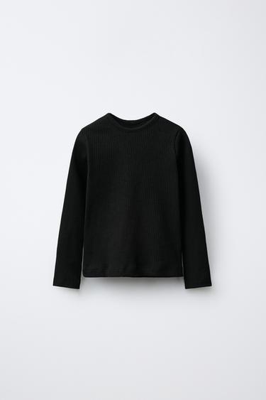 Zara PLAIN RIBBED T-SHIRT - Black