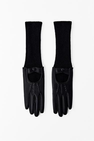 Zara COMBINATION FAUX LEATHER GLOVES - Black