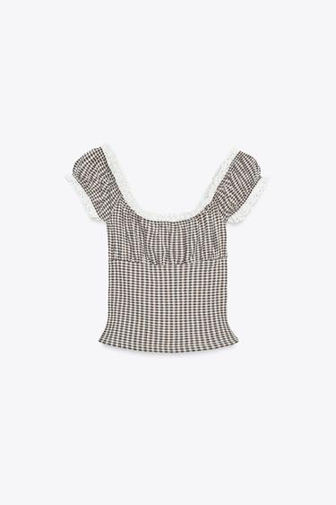 TOP À CARREAUX VICHY ET DENTELLE - Marron / Écru de Zara - Image 5