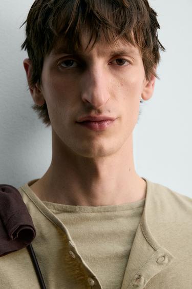 COTTON - LINEN HENLEY T-SHIRT - Dark beige by Zara - Image 5