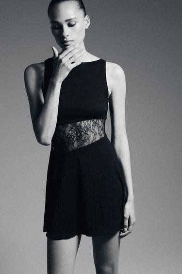 Zara SHORT COMBINATION LACE DRESS - Black - Image 0