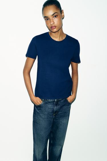 RUSTIC COTTON T-SHIRT - Navy blue by Zara