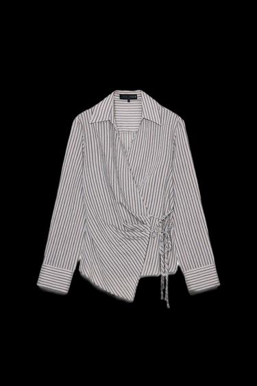 GESTREIFTES WICKELHEMD MIT SCHLEIFE - Grau meliert von Zara - Bild 0
