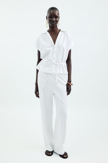 LINEN BLEND BELTED BLOUSE - White by Zara - Image 0