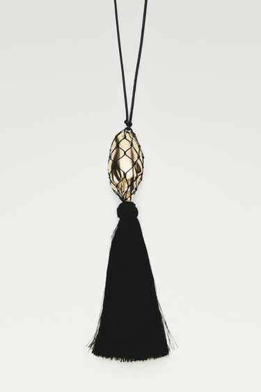 Long leather cord necklace with shell and tassel — Golden 1