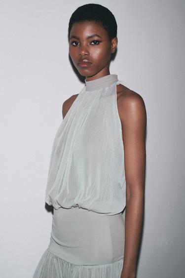 CHIFFON BODYSUIT WITH TIE - Pearl grey by Zara - Image 1