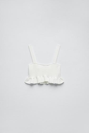 Zara KNIT RUFFLE TOP - White