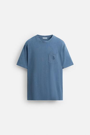 CAMISETA PIQUÉ BORDADO - Azul lavado de Zara