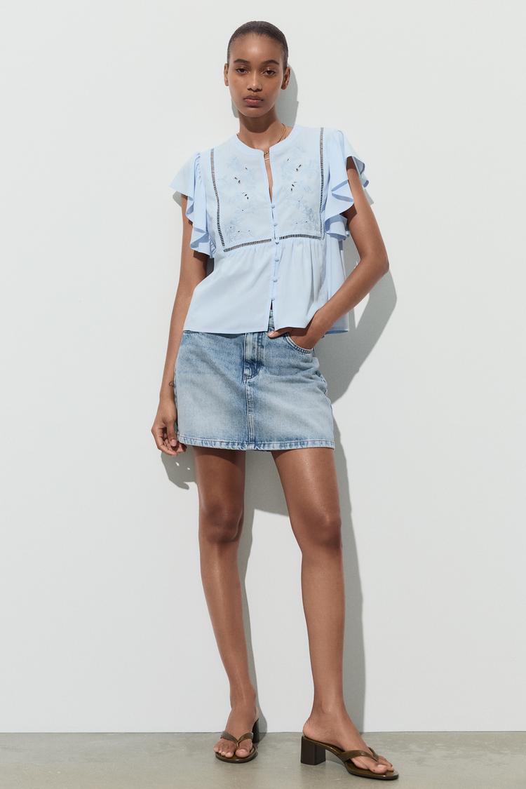 フリル付きショートスリーブシャツ - ライトブルー | ZARA Japan / 日本