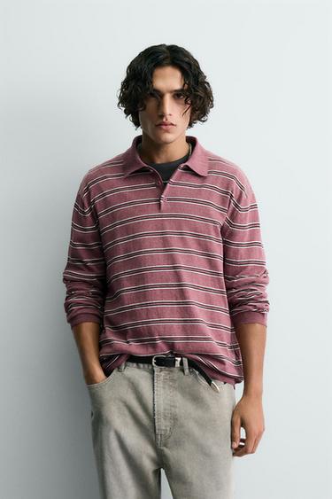 STRIPED KNIT POLO SHIRT - Mid-pink by Zara