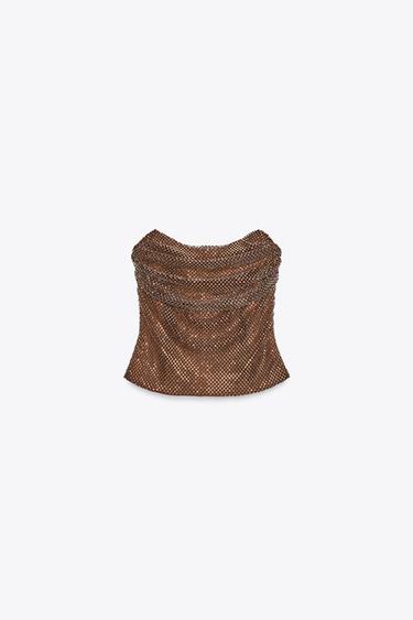 Zara RHINESTONE DRAPED TOP - Bronze