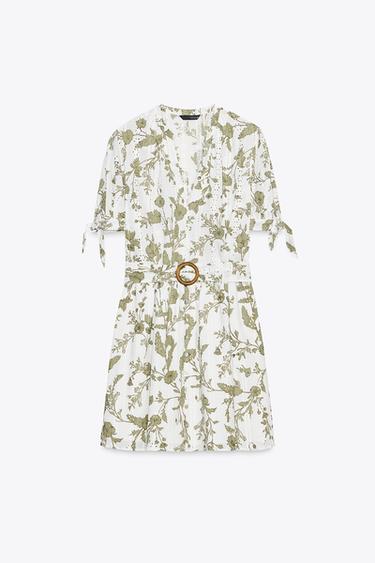 VESTIDO MINI ESTAMPADO BORDADOS PERFORADOS - crudo/kaki de Zara