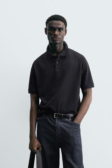 Zara WASHED TEXTURED PIQUÉ POLO SHIRT - Navy blue