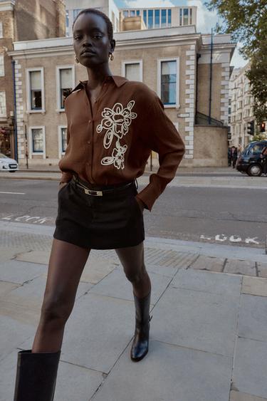 TEXTURED FLORAL SHIRT - Brown by Zara