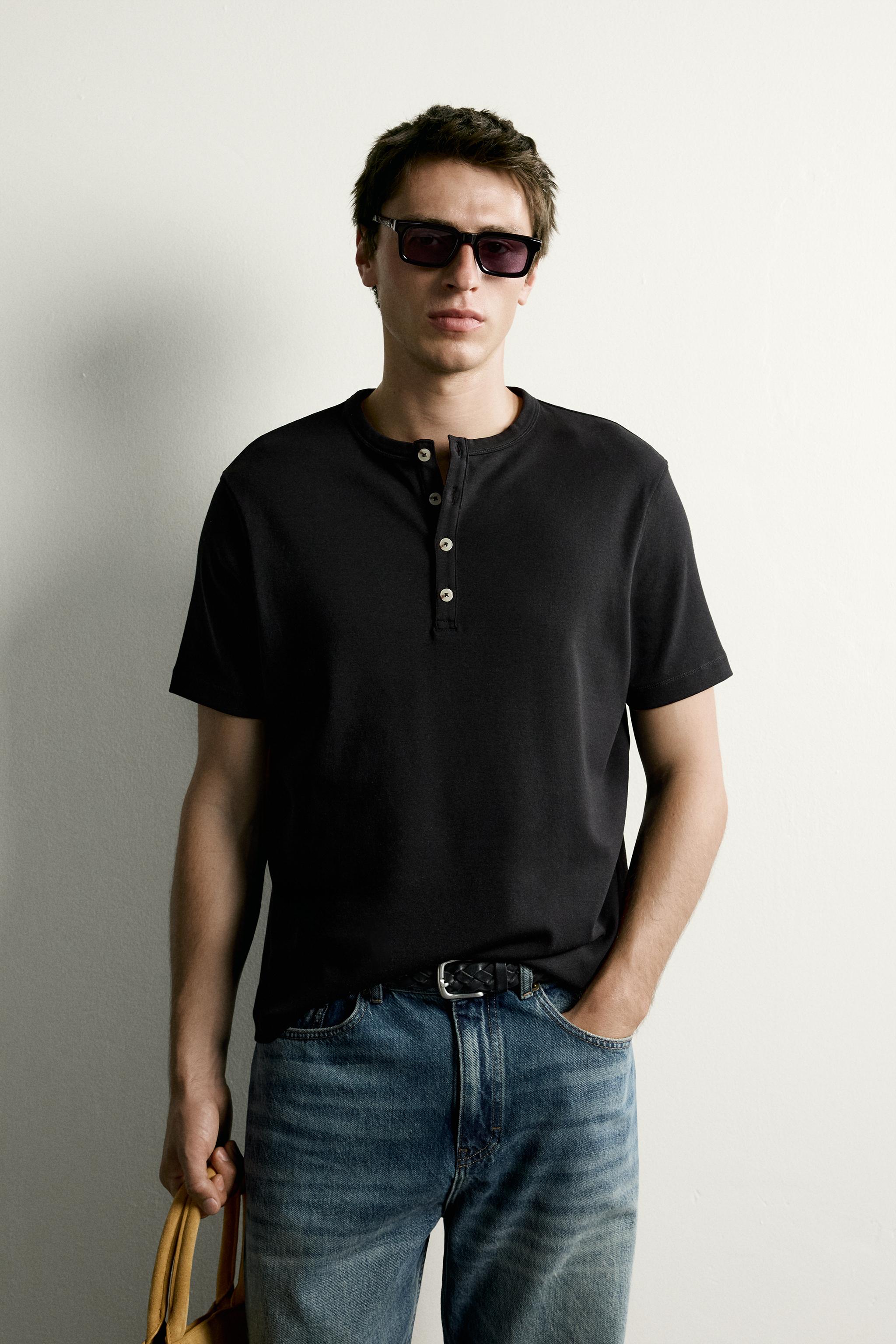 REGULAR FIT HENLEY T-SHIRT — Black
