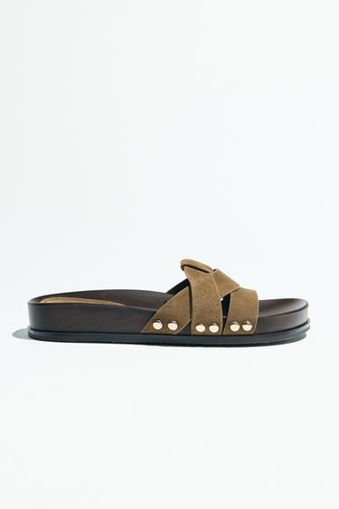 Zara LEATHER PLATFORM SLIDES - Khaki Green