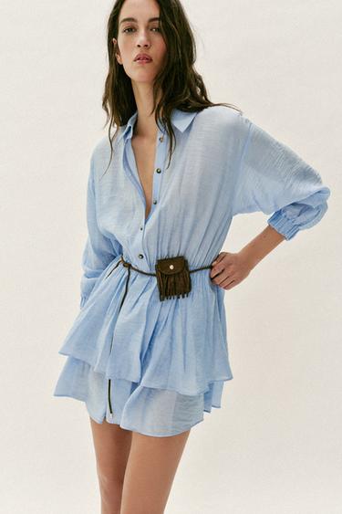 ROBE COURTE CEINTURE POCHE - Bleu ciel de Zara - Image 1