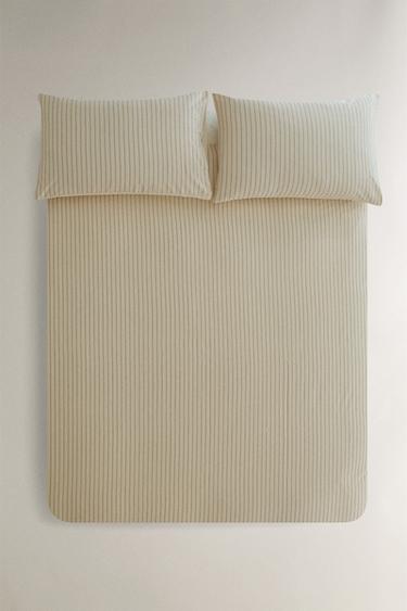 Zara CRINKLE STRIPED COTTON DUVET COVER - Ecru