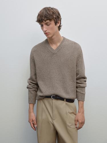Zara Melange knit V-neck sweater - Light brown