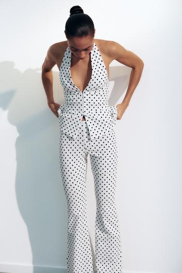 PANTALON FLARE STRETCH À POIS - Blanc / Noir de Zara