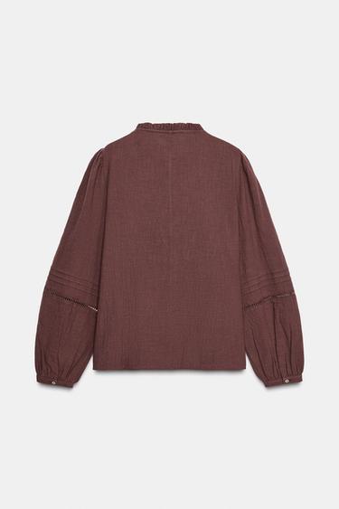 EMBROIDERED BIB BLOUSE - Burgundy by Zara - Image 4