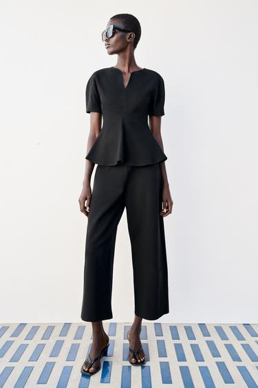 Zara PEPLUM TOP S BALON RUKAVIMA – Crna