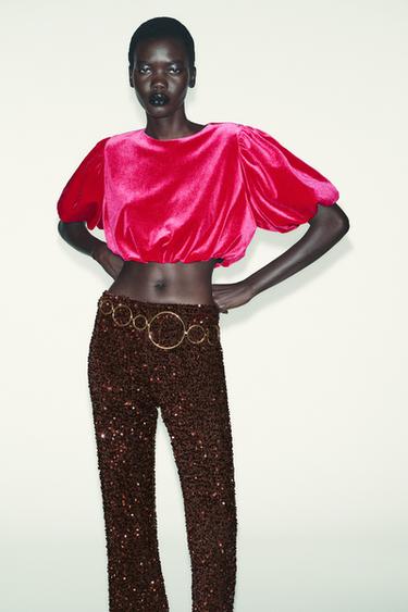 Zara FLARE VELVET SEQUIN LEGGINGS - Brown