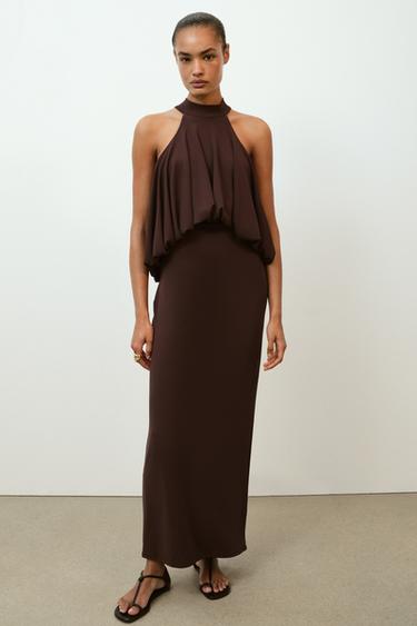 ROBE HALTER BALLON - Marron de Zara