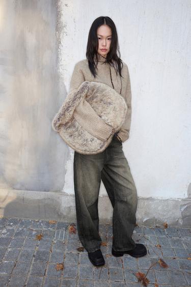 Zara 人造皮草大型水桶包 - 暗灰褐色