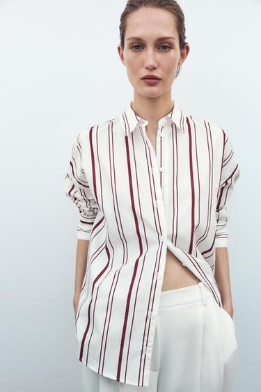 STRIPED POPLIN SHIRT - White / Maroon by Zara
