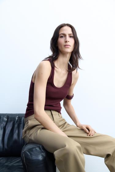 T-SHIRT SANS MANCHES EN COTON CÔTELÉ - Vin de Zara - Image 3