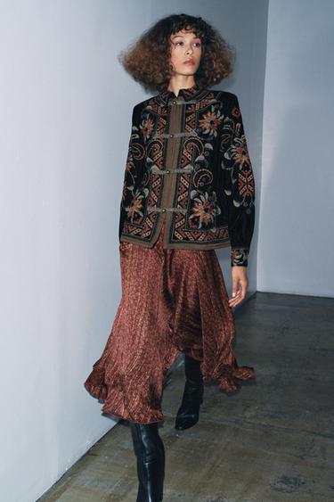 Zara ZW COLLECTION EMBROIDERED VELVET JACKET - Black