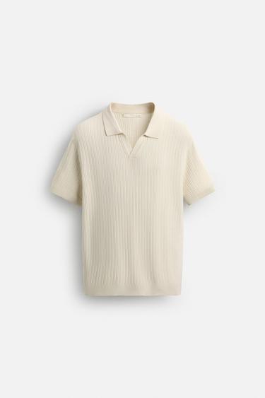 Zara RIBBED KNIT POLO SHIRT - Oyster-white