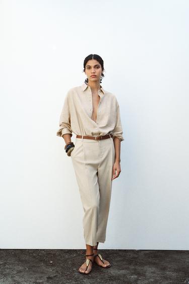 Zaras RAK LINNEBYXA MED SKÄRP - Ljust beige