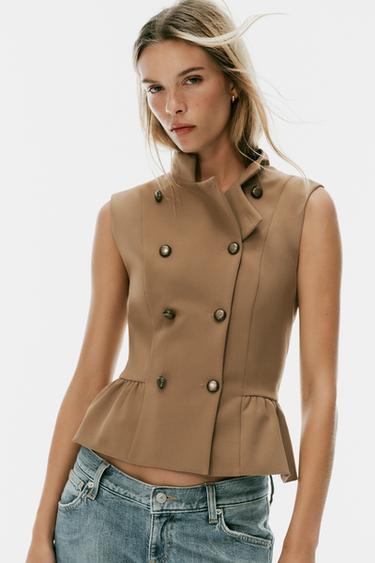 PEPLUM BUTTONED WAISTCOAT TOP - Dark beige by Zara