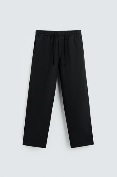 Zara COTTON LINEN RELAXED FIT PANTS - Black