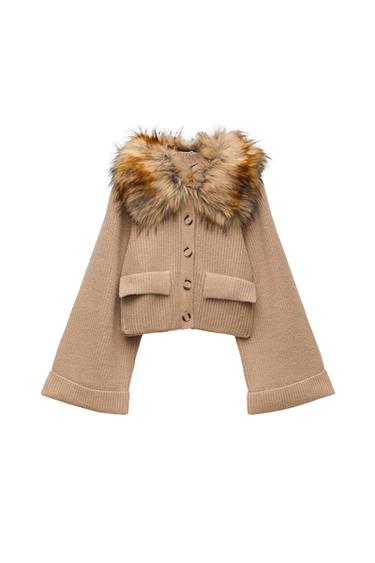 KNIT JACKET WITH FAUX FUR COLLAR