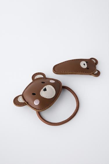 PACK OF SCRUNCHIE AND LEATHER EFFECT BEAR CLIP - Khaki by Zara - Image 2